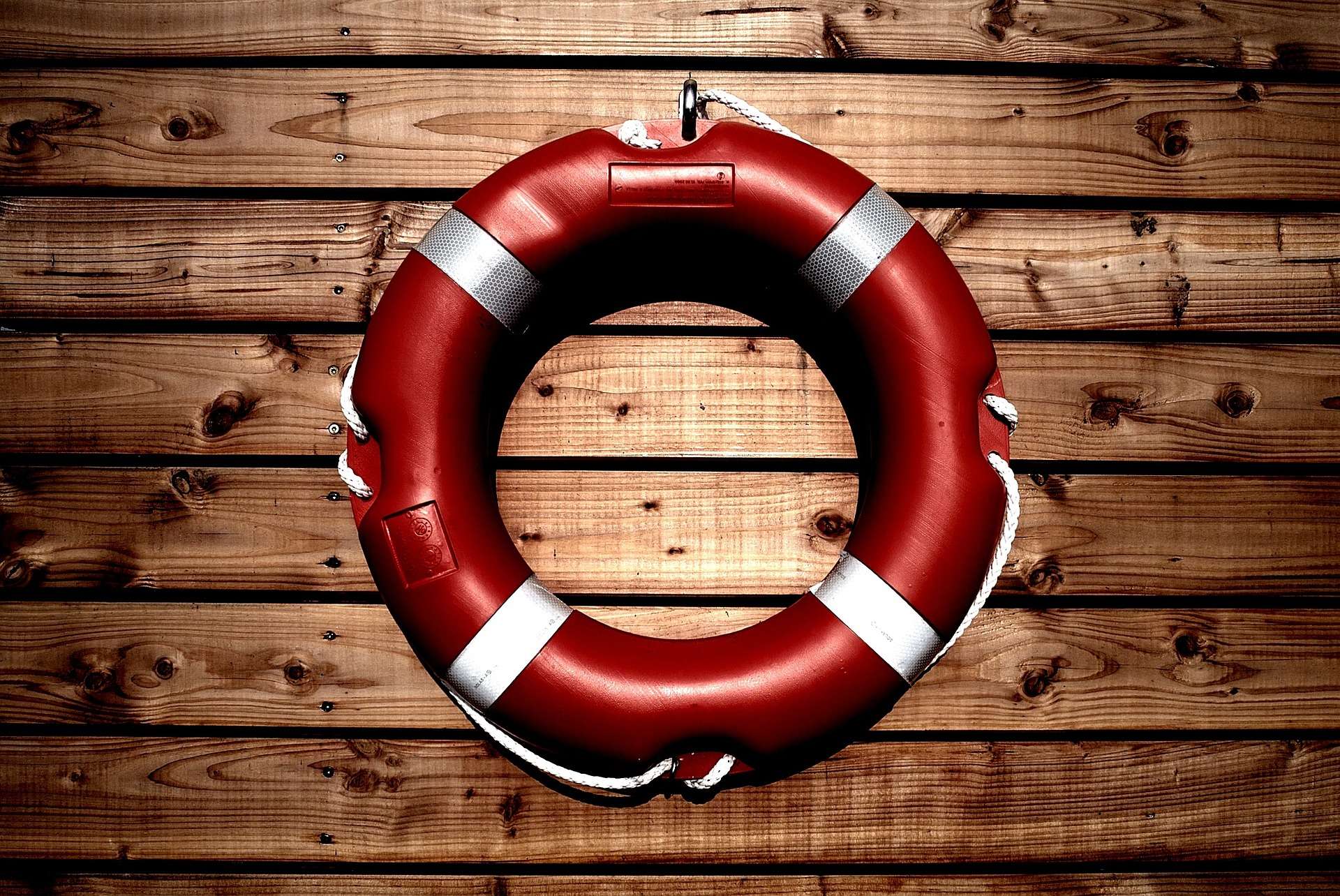 A red and white life preserver mounted against a wooden background.